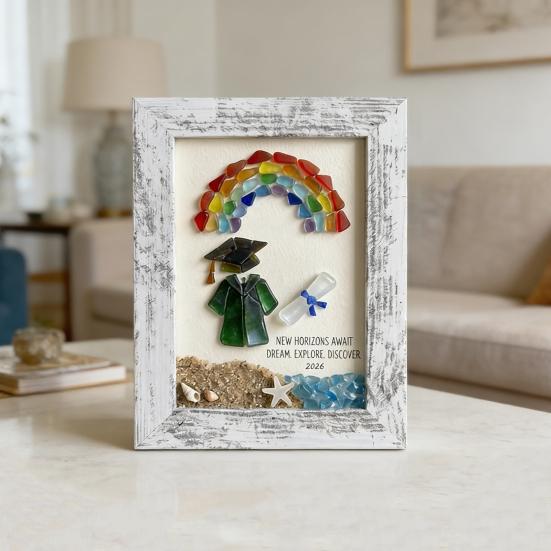 Sea Glass Graduation Art Class of 2026 Keepsake Gift Handmade Sea Glass Wall Art Frame Decor with Rainbow Gift for High School College Graduate