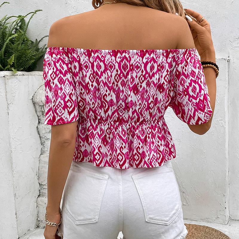 Women's Fashion Casual Summer Spring Flower Pattern Print Short Sleeve One Shoulder Blouses & Shirts