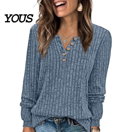 Crew Neck Pullover Women Ribbed Long Sleeve Top, Loose Casual Blouse with Button, Solid Soft Blouses Color ShCrew irt for Spring Autumn Top