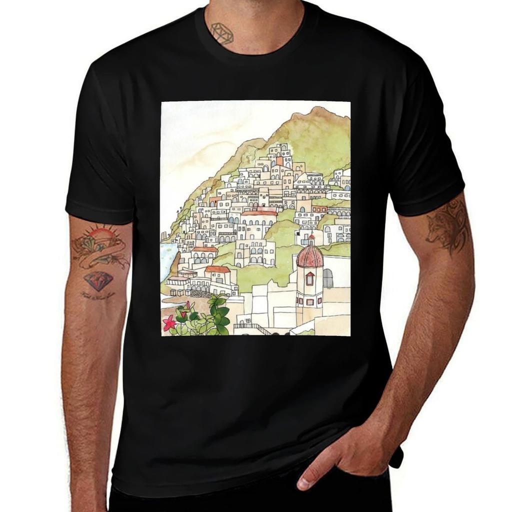 Positano Ink and Watercolor T-Shirt T Shirts Cotton 100% T Shirts for Man Cotton T-Shirt