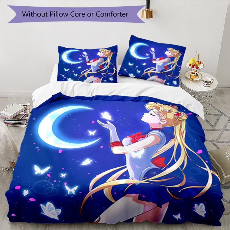 3-teiliges Bettwäscheset mit Sailor Moon Muster, Bettbezug-Set enthält Bettbezug & Kissenbezüge, perfekte Ganzjahres-Schlafzimmerdekoration & Geschenk
