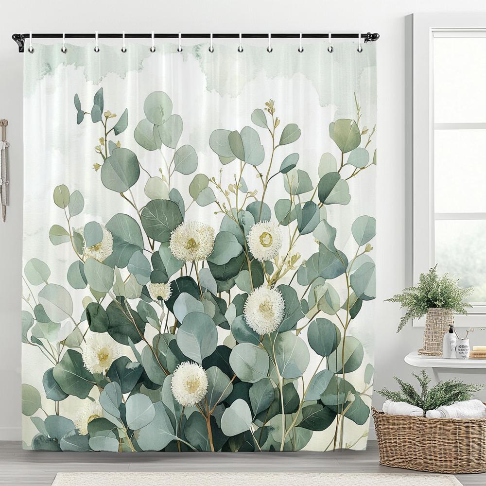 Green Leaf Shower Curtain, Plants and Eucalyptus Leaves Bathroom Decor, Waterproof Polyester Shower Curtain, Home Decor Curtain