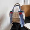 Beach Woven Straw Pearl Beaded Chain Crossbody Bag with Cute Bowknot Top Handle Ruffle Lace Bucket Handbag for Vacation  Pink