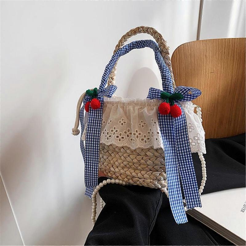 Beach Woven Straw Pearl Beaded Chain Crossbody Bag with Cute Bowknot Top Handle Ruffle Lace Bucket Handbag for Vacation  Pink