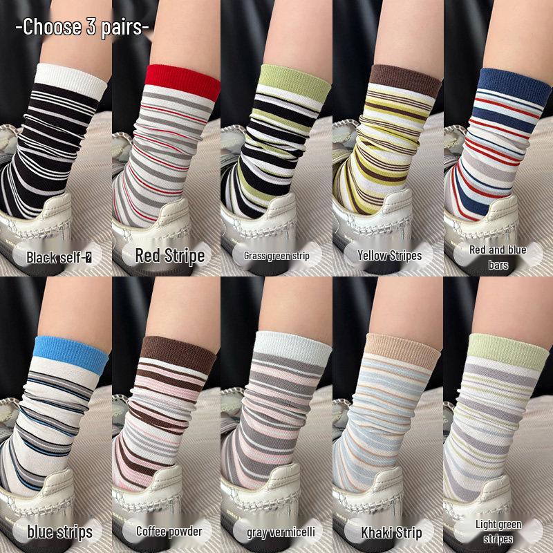 Women s Korean Style Color-Blocking Striped Mid-Calf Socks, Pure Cotton, College and Ins Trend, Spring/Summer/Autumn. Gray and Pink Stripes один размер