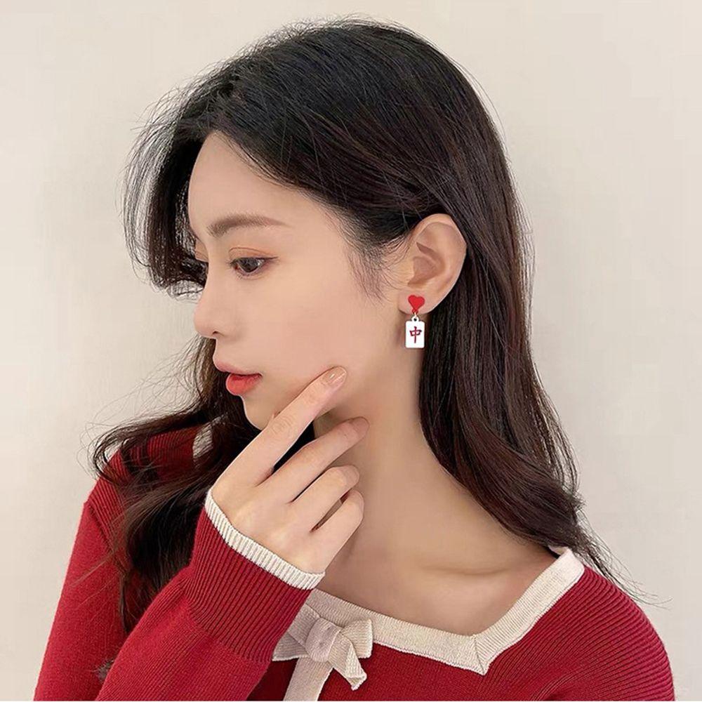 Year Earrings Square Red Female Ear studs Geometric Earrings Mahjong Earrings Korean Style Earrings
