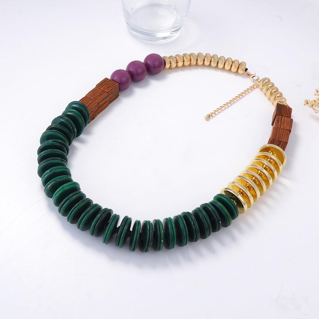 Exaggerated Casual Retro Literary Geometric Plastic Beaded CCB Wooden Square Splicing Necklace Women's Necklace