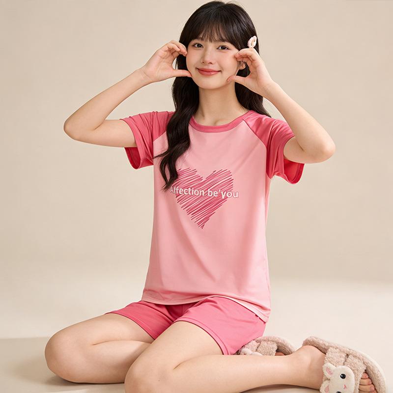 Summer comfortable crew neck pajamas for women, striped cartoon short-sleeve three-piece loungewear, in stock, direct order