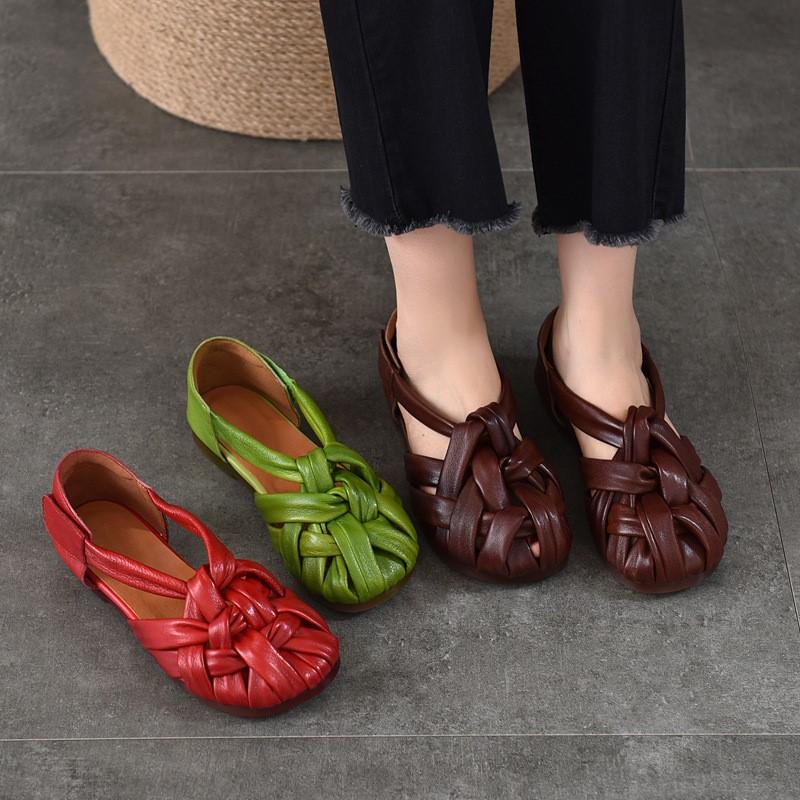 Johnature Genuine Leather Flat Roman Sandals Woven Hollow-out Breathable Women's Shoes