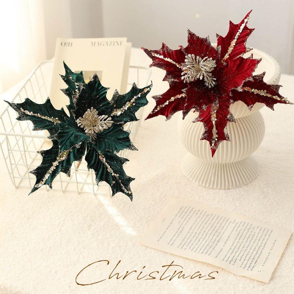 New Glitter Christmas Artificial Flowers Sequin Flannel Fake Flower 15cm Glitter Poinsettia New Year