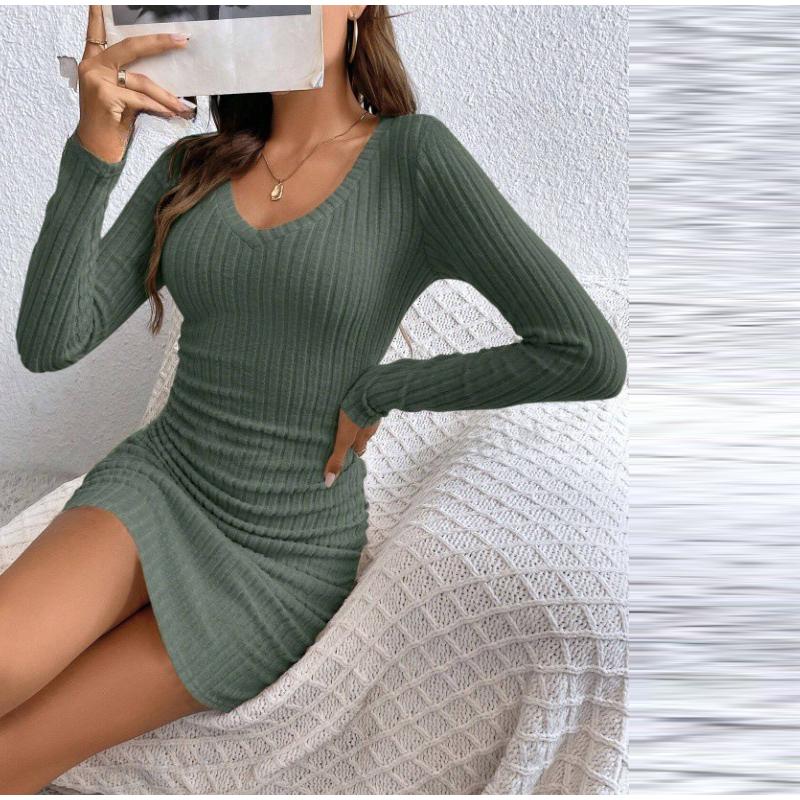 Women's Dresses Autumn Fitting Slim Plain Long Sleeve V-Neck Bodysuit Mini Casual Dresses Sexy Dress for Women