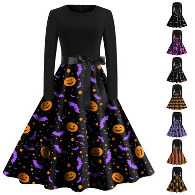 Dámské halloweenské šaty s potiskem s dlouhým rukávem do O-výstřihu Společenské šaty pro volný čas