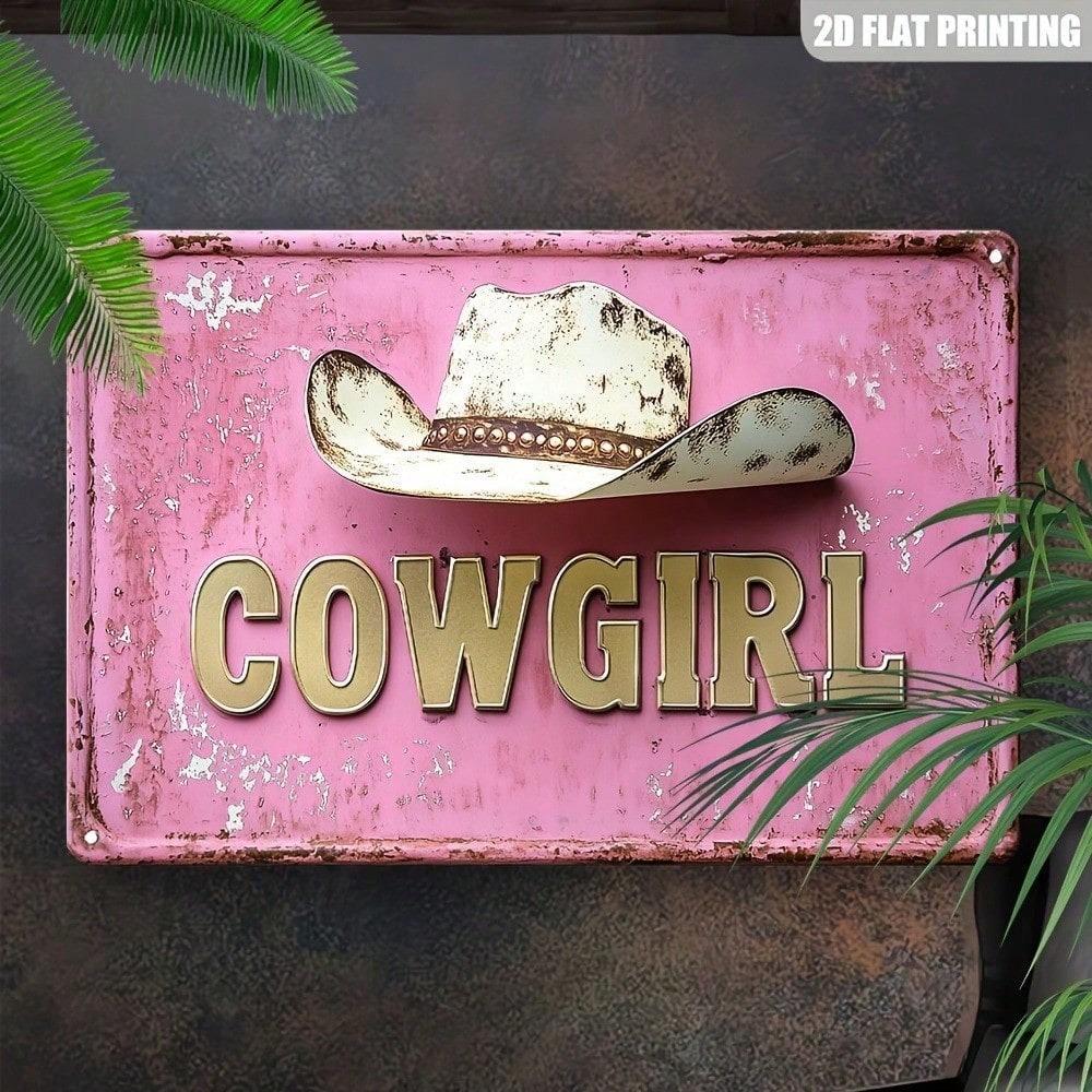 Rustic Pink Metal Cowboy Hat Wall Art, Vintage Western Cowgirl Sign for Farmhouse Bar Cafe Decor