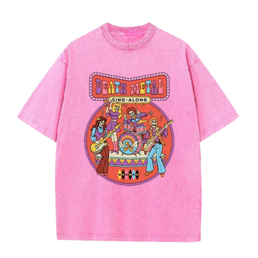 2026 Summer Women Death Metal Print Washed T Shirt Distressed Soft Loose Breathable Short Sleeve Punk Trend Casual Streetwear To