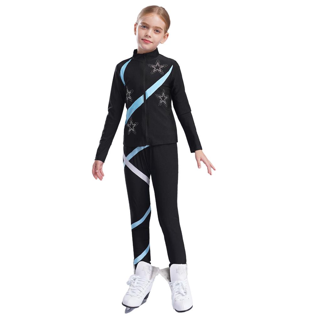 Girls Sports Set Shiny Rhinestone Star Contrast Color Long Sleeve Stand Collar Zipper Sweatshirt Colorblock Leggings