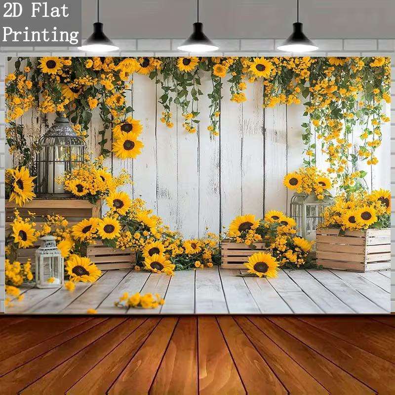 2D Yellow Sunflower Banner, White Wood Lantern Party Photo Booth Background