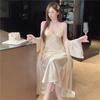 Long Nightgown with Chest Pad, Ice Silk Pajamas, Two-piece Set, High-end Elegant Long Skirt, Nightgown, Ice and Snow Silk Loungewear Women's