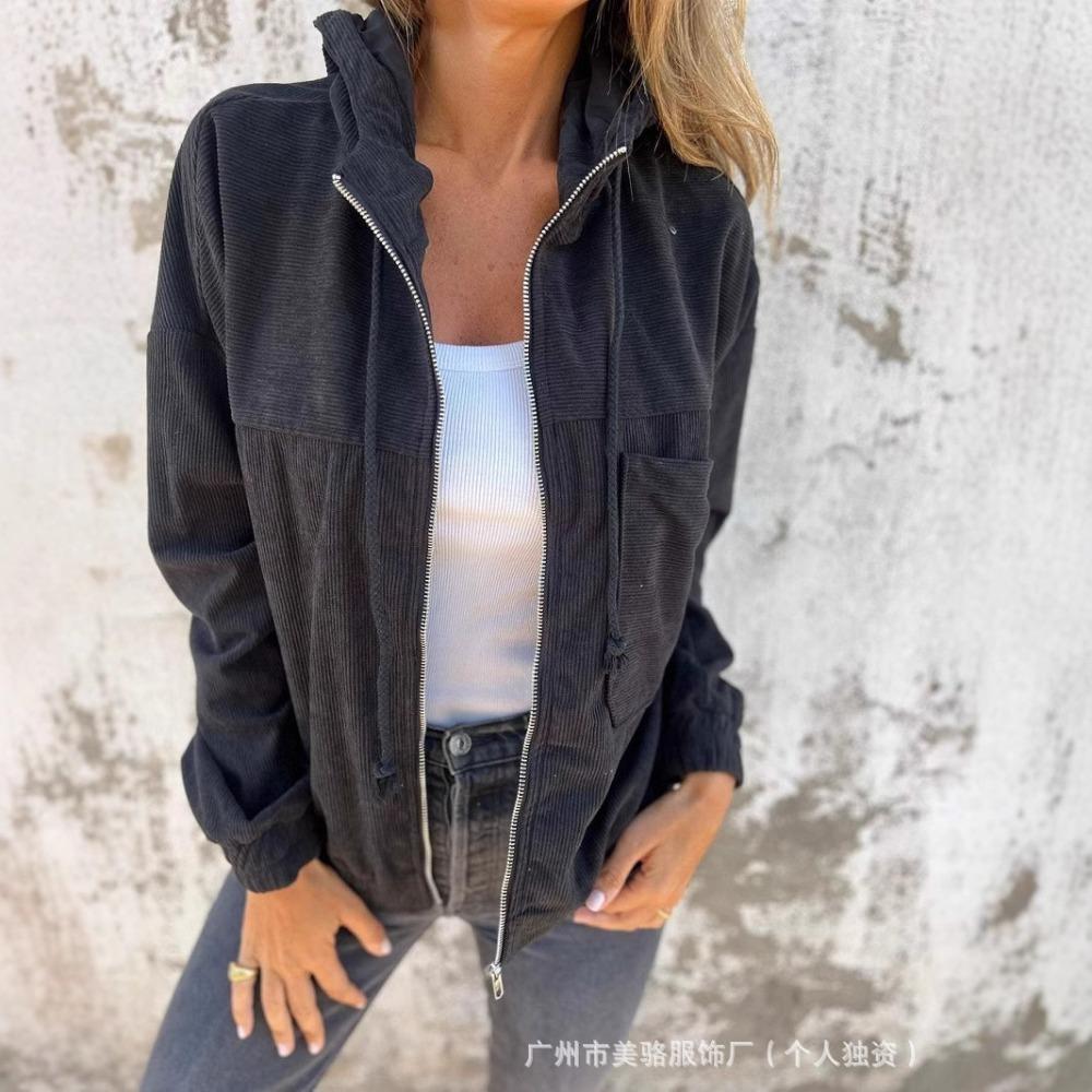Women s Hooded Zip‑Up Oversized Corduroy Long‑Sleeve Patch‑Pocket Casual Jacket S чёрный