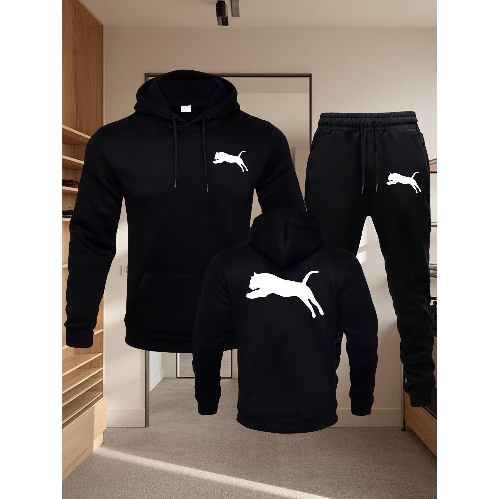 Autumn and Winter Men s Thick Hooded Sweatshirt and Sweatpants Casual Sports 2 Piece Set, Comfortable and Warm, with Printed Patterns S