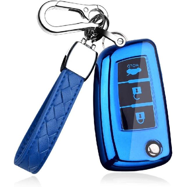 HIBEYO Key Fob Cover for Nissan Rogue, Select, Sport, Sylphy, Pulsar, Sentra - 3 Button Flip Case Holder for Nissan Accessories Smart Key Keychains - синий
