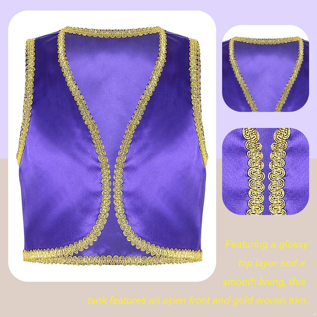 Jongens Arabische Prins Kostuum Open Voorzijde Gouden Mouwloos Vest Halloween Cosplay Fancy Dress Up