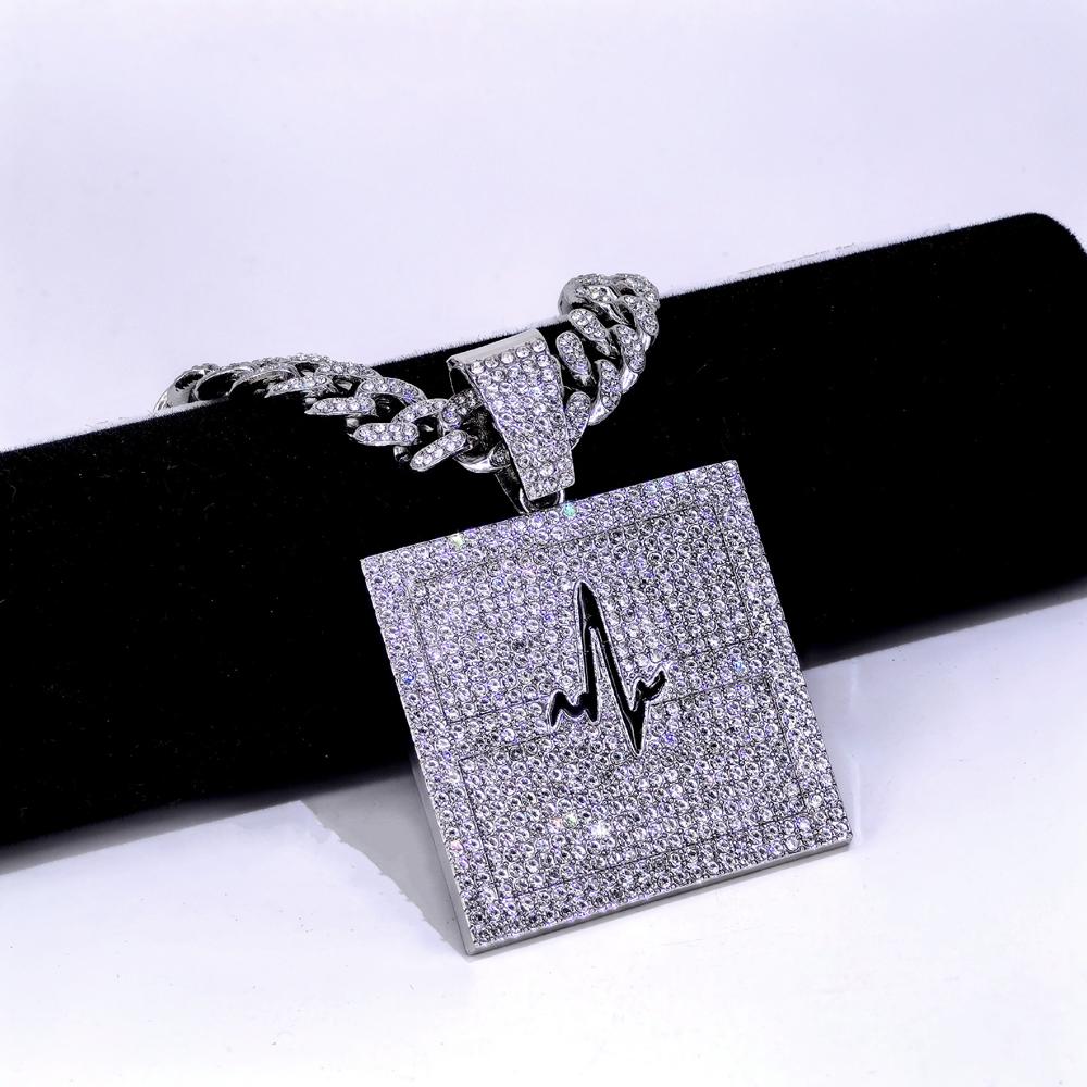 Hip Hop Electrocardiogram Lifeline Geometric Pendant Necklace With 13mm Box Buckle Cuban Chain Necklaces Fashion Jewelry For Men