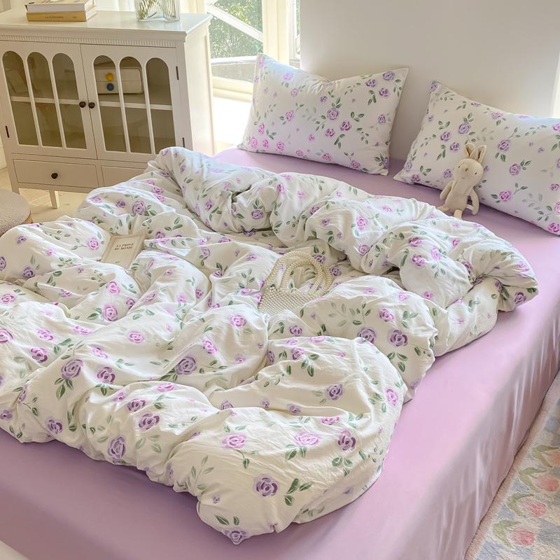 Washed Cotton Duvet Cover Set Single/Queen/King Size Bed Set Flower Printed Plumones De Cama Duvet Cover with Pillowcase Bedding
