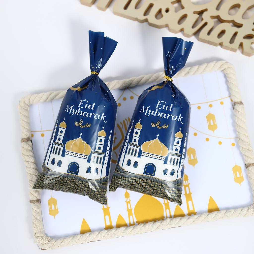 50pcs Eid Mubarak Gift Bag With Rope Party Plastic Gift Candy Bag Ramadan Kareem Decor Islamic Muslim Party Supplies Eid Al-fitr