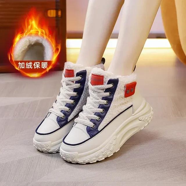 Winter Cotton Shoes, New Women's High Top Snow Boots with Plush Insulation, Sports Shoes with Lace Up Thick Soled Cotton Shoes