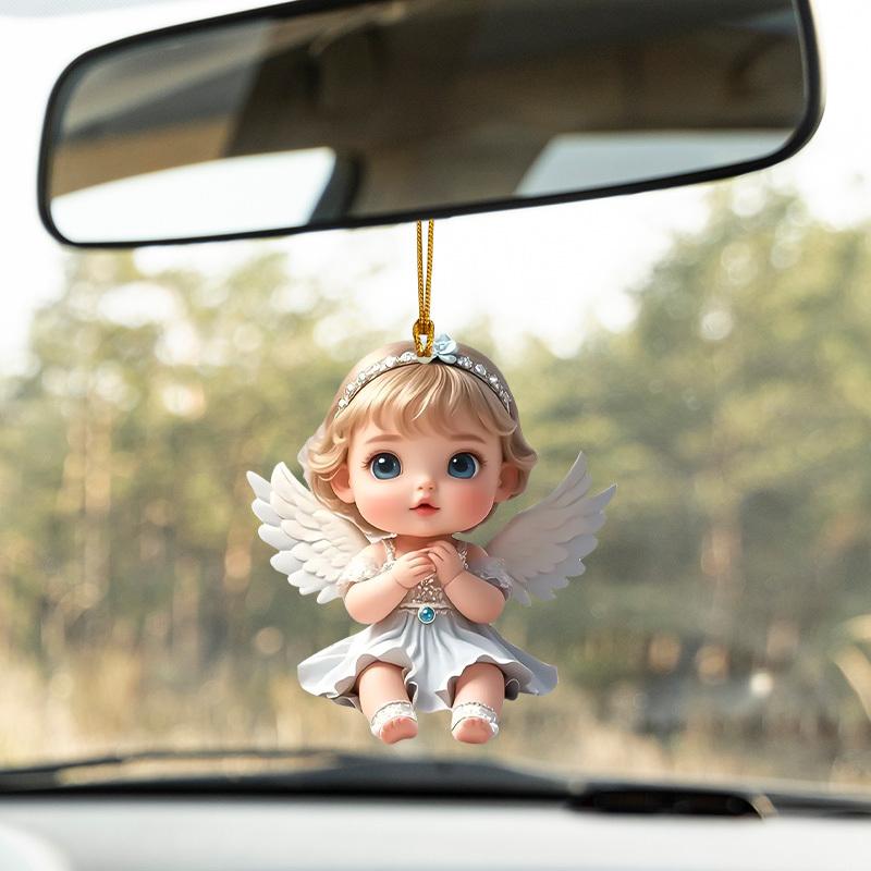 2D Flat Angel Wings Acrylic Ornaments with Golden Rope, Realistic Angle Pendant, Charm Rearview Mirror Hanging Decor,Prety Gifts for Family Friends
