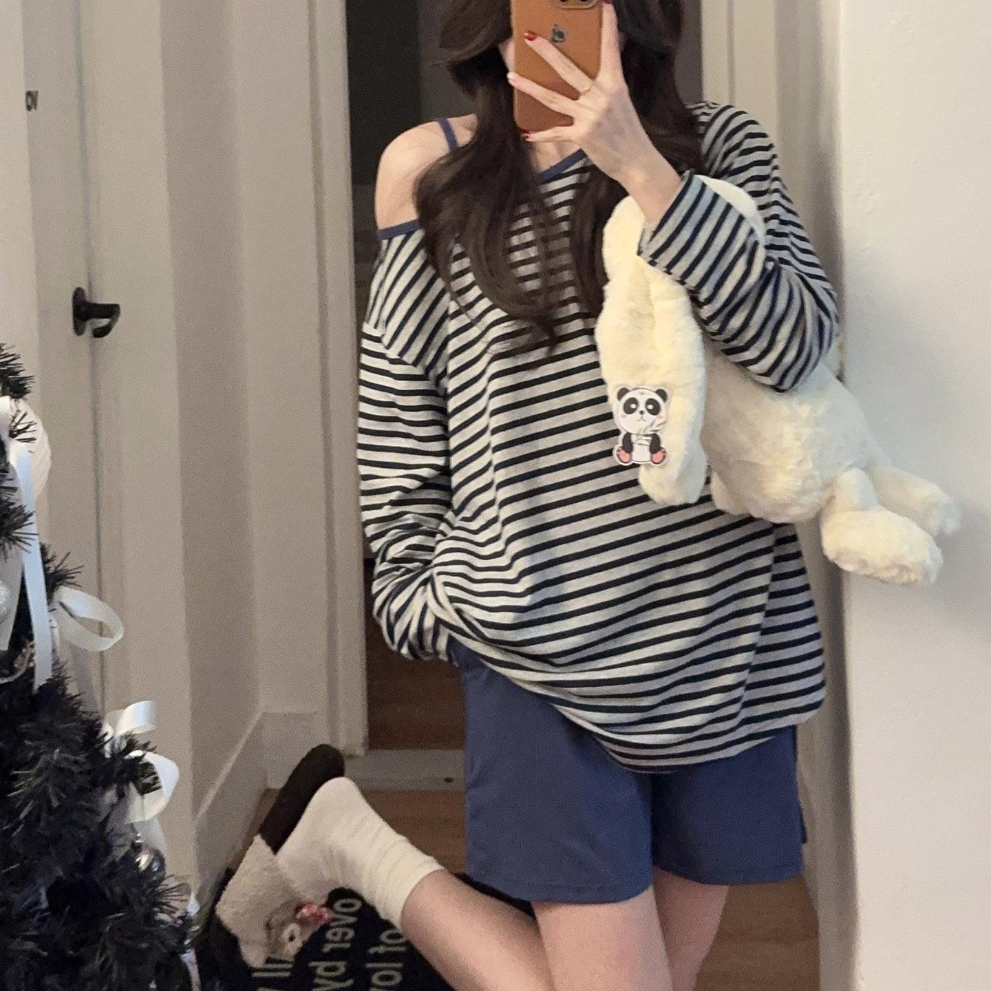 Three-Piece Women s Modal Pajama Set: Strappy Shorts with Built-in Bra and Striped Long Sleeve Top for Indoor/Outdoor Wear XL