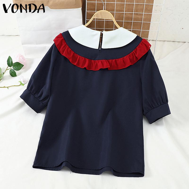 VONDA Women Summer Lapel Short Sleeve Ruffled Contrast Blouses