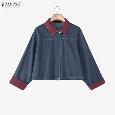 Women Splice Turn Down Collar Casual Long Sleeve Blouse