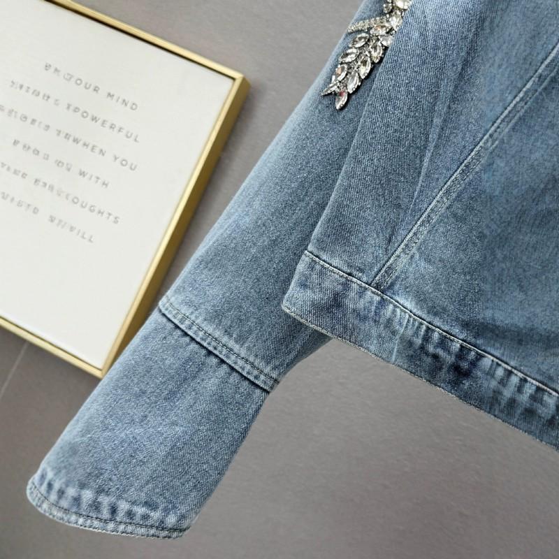 Giacca di jeans da donna con strass, vestibilità larga, manica lunga, capospalla casual