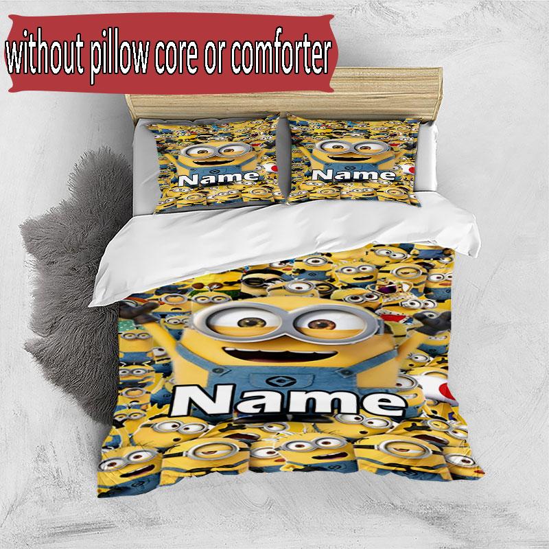 3pcs Duvet Cover Set (1*Duvet Cover + 2*Pillowcase, Without Core), Custom Name Minions Pattern Bedding Set, Home Bedroom Decor Gift
