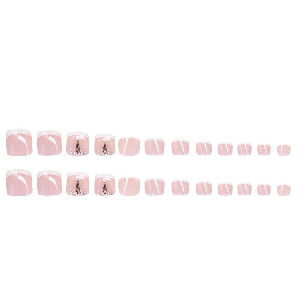 24-Piece Minimalist French Bling Press-On Toenails with Pink Glitter & Rhinestones