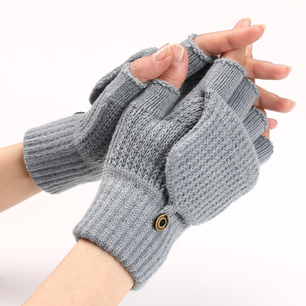 WTEMPO Solid Color Woolen Warm Flip Gloves Men's Women's Autumn Winter Half Finger Gloves Student Writing Exposed Finger Knitted Gloves
