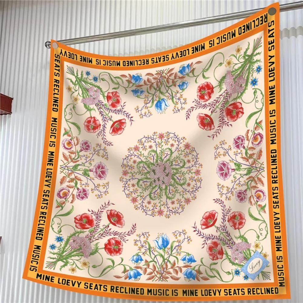 Silk Scarf Women Floral Printed Square Scarves Head Echarpes Silk Foulards Femme Wraps Beach Shawls Bandana Lady Hijabs 90CM