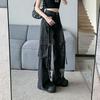 American Retro Black Denim Trousers Female Cargo Pocket Wide Leg Pants High Street Ripped Distressed Buckle Decoration Jeans New