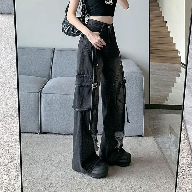 American Retro Black Denim Trousers Female Cargo Pocket Wide Leg Pants High Street Ripped Distressed Buckle Decoration Jeans New