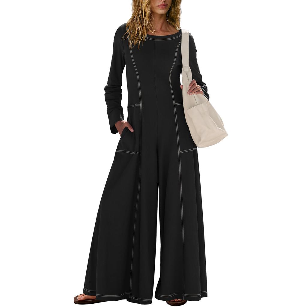 Damen Modischer Lässiger Rundhals Langarm Tasche Lässiger Lockerer Weitbeiniger Jumpsuit
