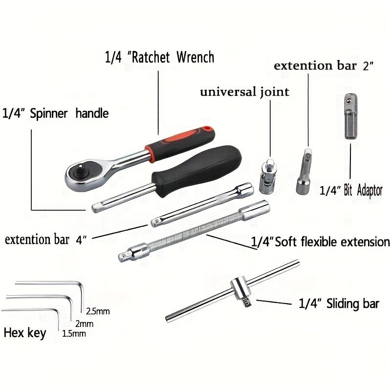 46-piece 1/4 Inch Drive Socket And Ratchet Wrench Set With Extension Bar Used For Car Motorcycle Maintenance And Household Use