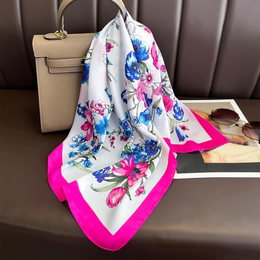 Floral Print Silk Square Scarfs 70cm Women Neckerchief Summer Beach Shawl Female Decorate Neck Ties Lady Hijab Neck Scarf Korean
