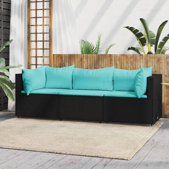 VidaXL Salon de jardin 3 pcs avec coussins Noir Résine tressée, ensemble de salon d'extérieur, ensemble de mobilier 319798