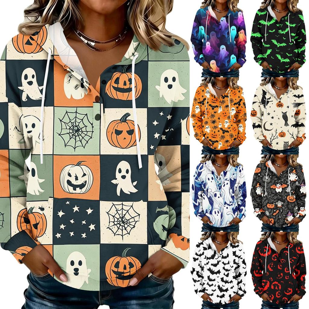 Women's Halloween Print Hoodie with Button Front - Long Sleeve Pullover Sweatshirt