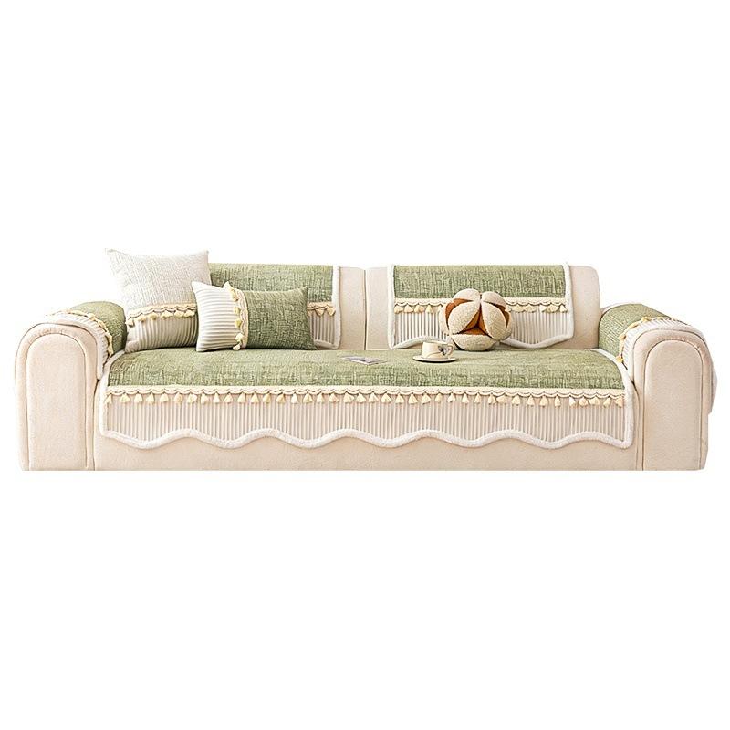 Solid Color Chenille Sofa Cover All-seasons Smooth Skin-Friendly Fixed Non-slip Seat Cushion One-piece Sofa Cover Fringe Trim