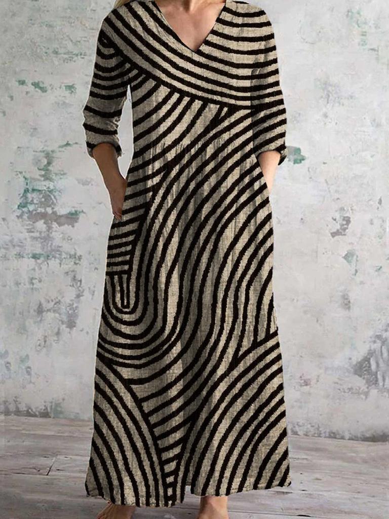 Damen Langarm V-Ausschnitt Maxi Kleid mit Streifenmuster, Knöchellanges Fließendes Kleid, Lässig Elegantes Kleid