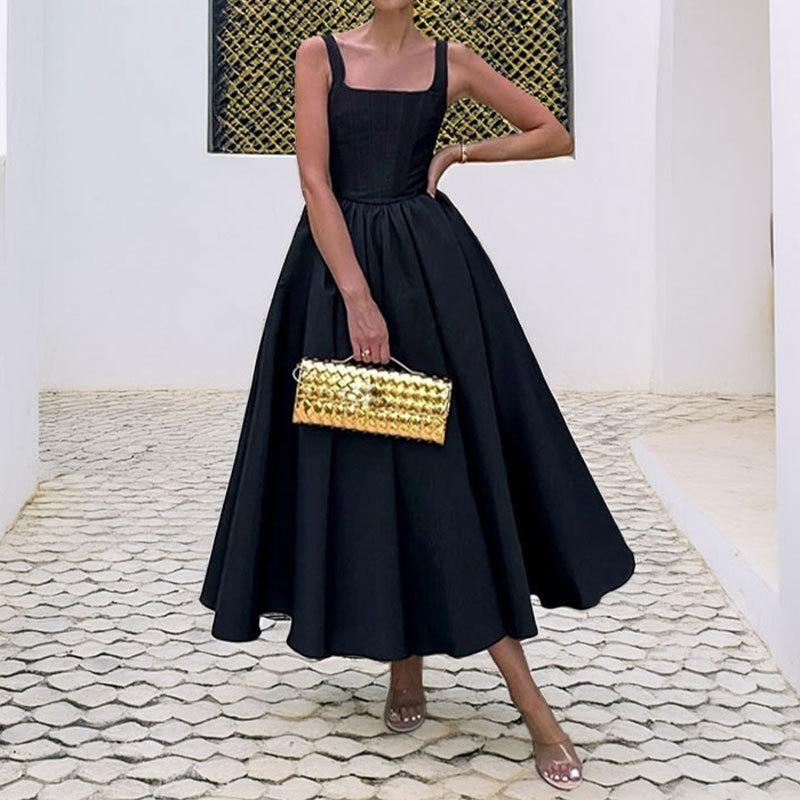 Spring new, fashionable, elegant and versatile solid color off-the-shoulder waist dress S чёрный