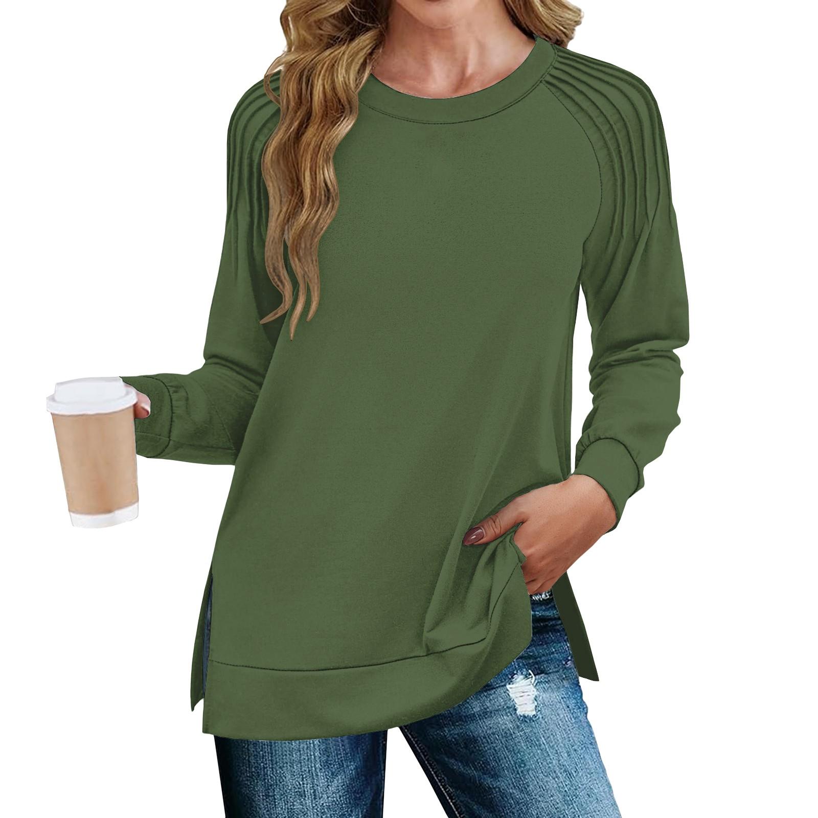 

Женская мода повседневная однотонная плиссированная кромка с разрезом свободного кроя осенняя толстовка с длинным рукавом L