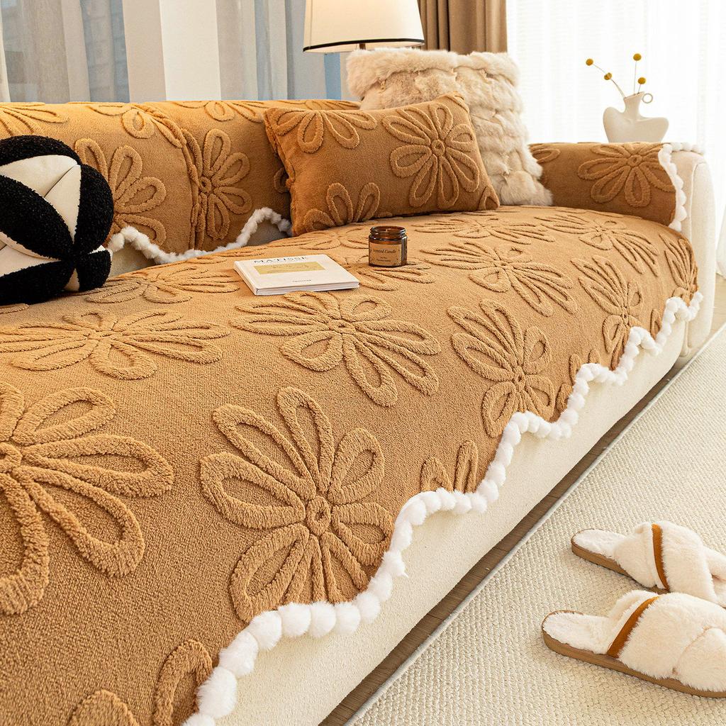 Solid Color Simple Sofa Cover Winter New High-End Plush Heat-Retaining Warm Irregular Cushion Fixed Non-Slip Durable Sofa Cover